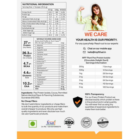 Myfitfuel Mff Plant Pea Protein 1 Kg (2.2 Lbs) Chocolate Delight Swirl|Easy To Digest Protein Powder