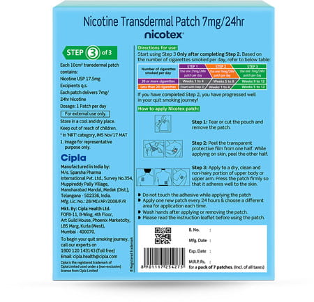 Nicotex Nicotine Transdermal Patch 7Mg | Step 1 Of 3| Helps Quit Smoking | 7 Patches