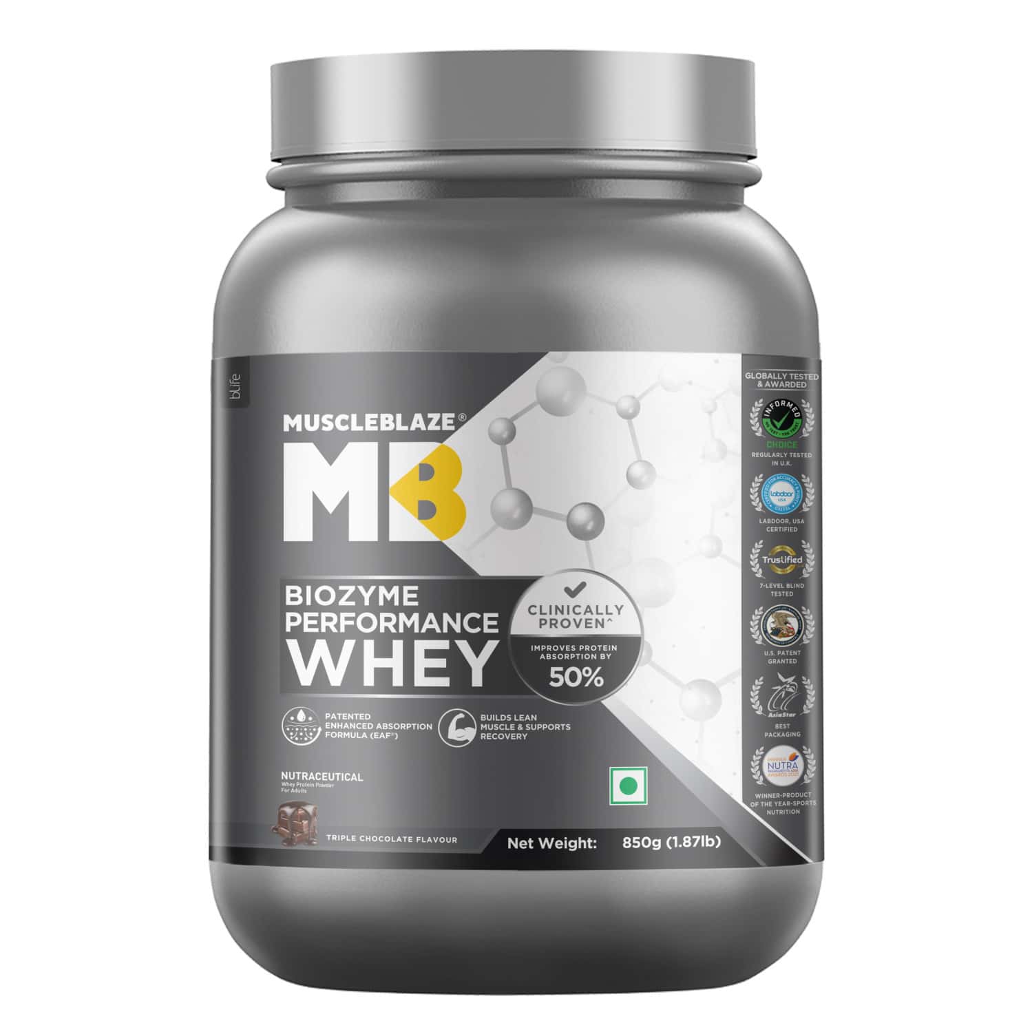 Muscleblaze Biozyme Whey (triple Chocolate | 850g) | 50% Higher Absorption | Eaf Certified