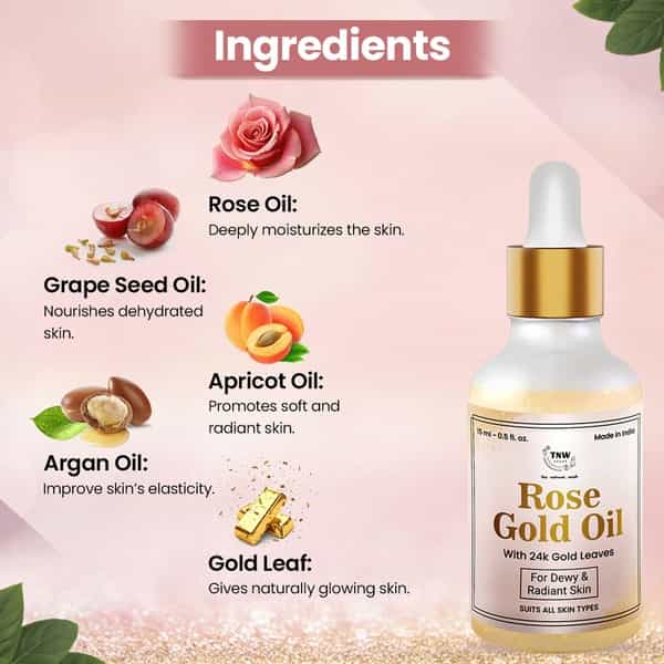 Tnw The Natural Wash Rose Gold Oil With Gold Flakes For Glowing And Soft Skin - 15 Ml