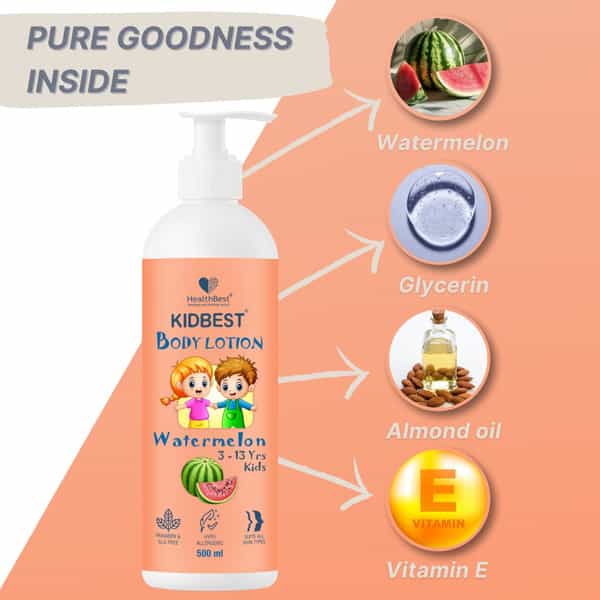 Healthbest Kids Body Lotion Tear Free | Watermelon Moisturizer With Shea Butter & Vitamin E - 500Ml