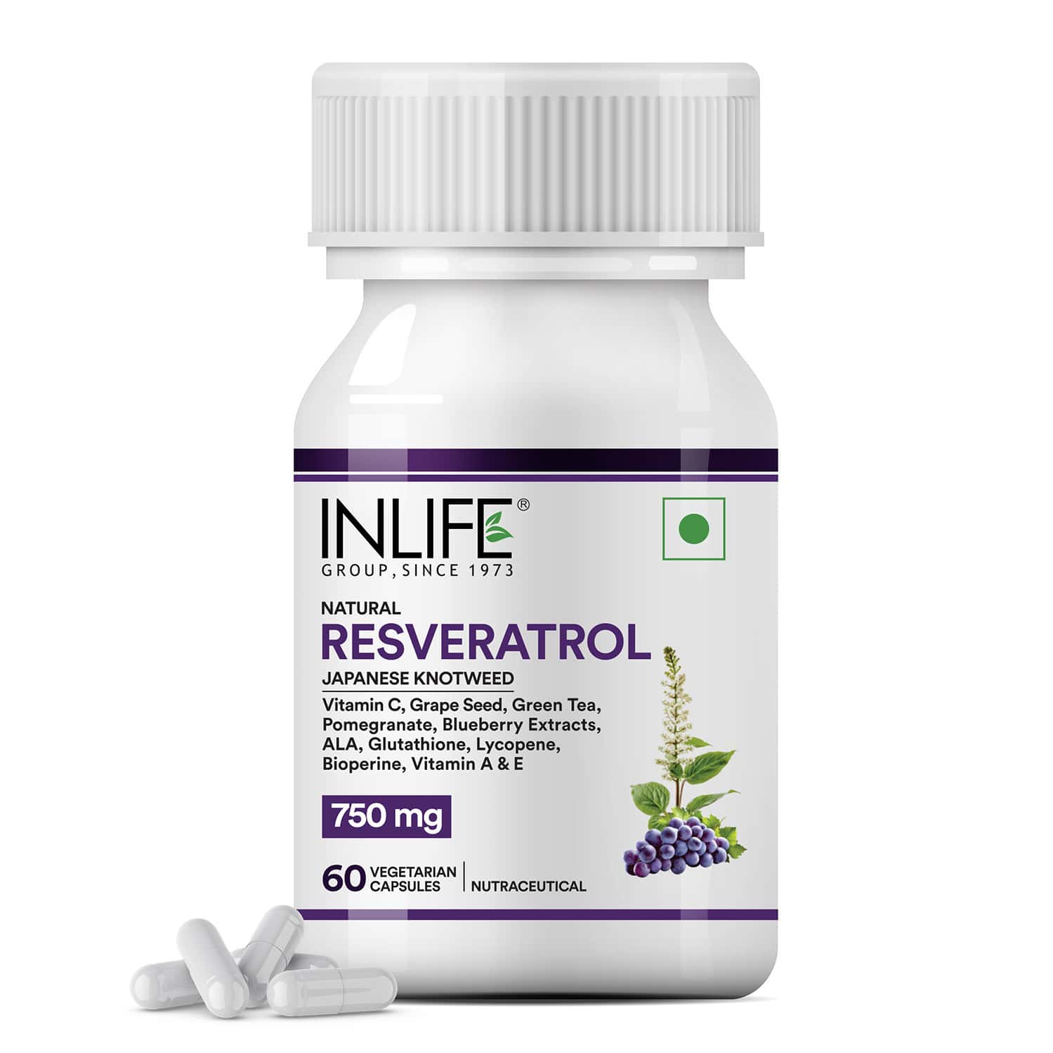 Inlife Resveratrol Supplements | 750 Mg Antioxidant Formulas | Skin | Heart Health - 60 Veg Capsule