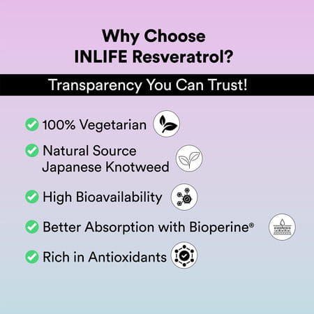 Inlife Resveratrol Supplements | 750 Mg Antioxidant Formulas | Skin | Heart Health - 60 Veg Capsule