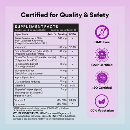 Inlife Resveratrol Supplements | 750 Mg Antioxidant Formulas | Skin | Heart Health - 60 Veg Capsule