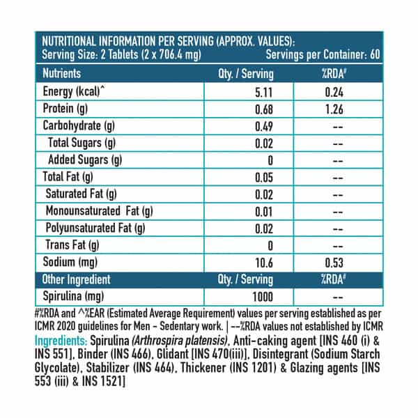 Hk Vitals Spirulina 1000 Mg | For Immunity & Weight Management | 120 No (120 Tablets)