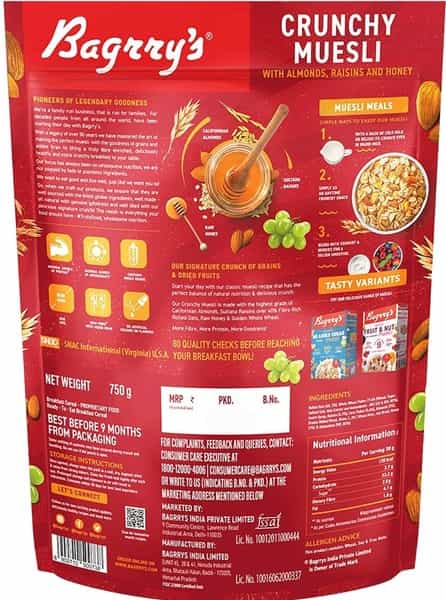 Bagrrys Crunchy Muesli- Almond Raisins And Honey - 750G
