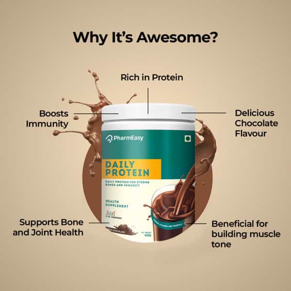 Pharmeasy Daily Protein | For Strong Bones And Immunity | Rich Chocolate | Jar 400 Gm