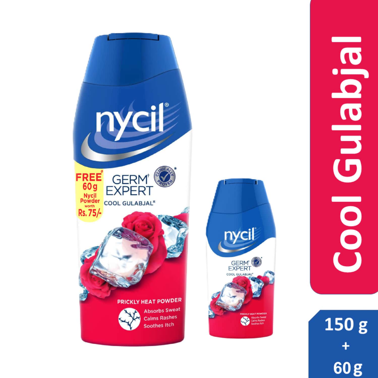 Nycil Germ Expert Cool Gulabjal Prickly Heat Talcum Powder 150g With (free Cool Gulabjal 60g) 210 Gm