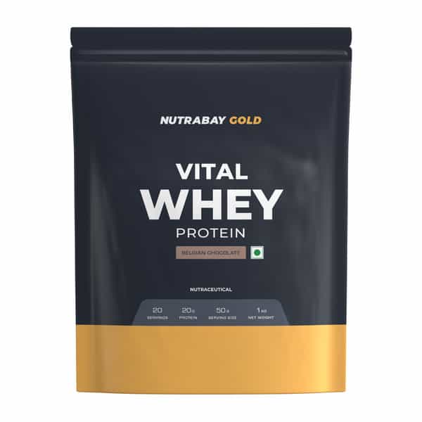 Nutrabay Gold Vital Whey Protein For Beginners | 20.4G Protein - 1Kg | Belgian Chocolate