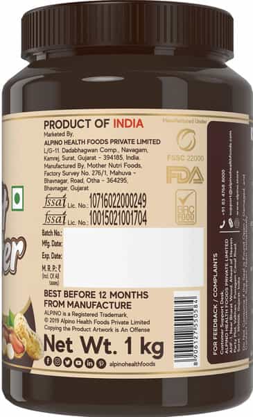 Alpino High Protein Dark Chocolate Peanut Butter Smooth 1 Kg | 100% Plant Based