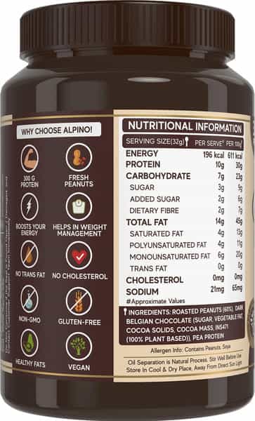 Alpino High Protein Dark Chocolate Peanut Butter Smooth 1 Kg | 100% Plant Based
