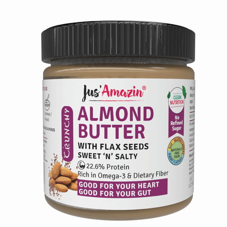 Jus Amazin Crunchy Almond Butter With Flaxseeds-200g|Clean Nutrition |90% Almonds|No Refined Sugar