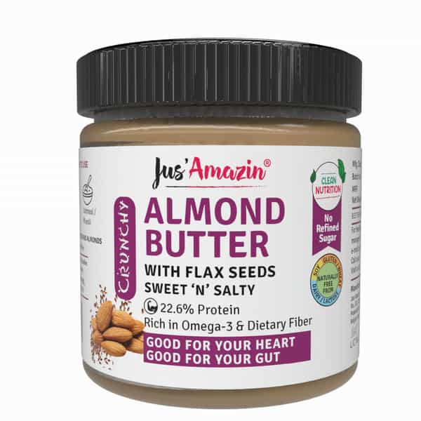Jus Amazin Crunchy Almond Butter With Flaxseeds-200G|Clean Nutrition |90% Almonds|No Refined Sugar