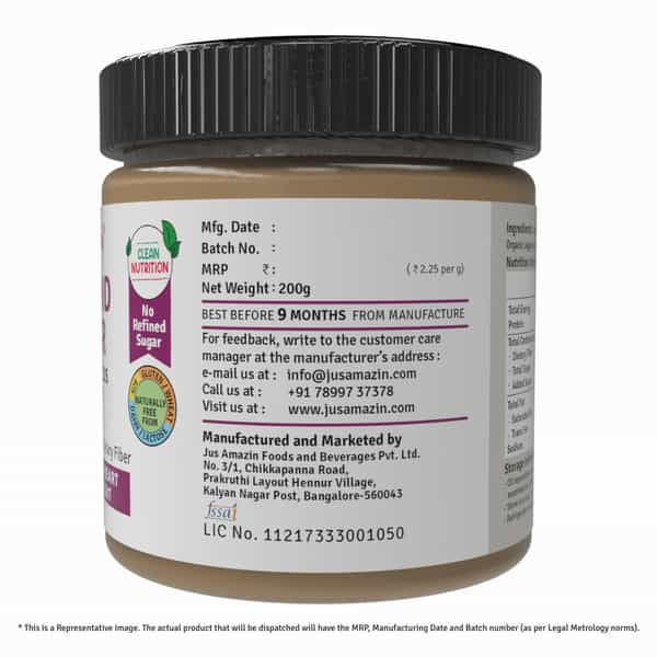 Jus Amazin Crunchy Almond Butter With Flaxseeds-200G|Clean Nutrition |90% Almonds|No Refined Sugar