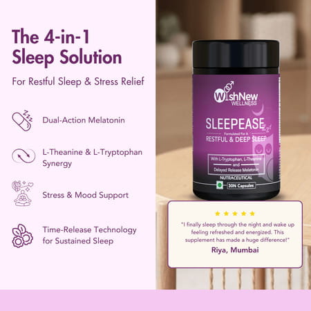 Wishnew Wellness Sleepease 30 Veg Capsules Advanced Sleep Formula L-Theanine | Melatonin | Valerian