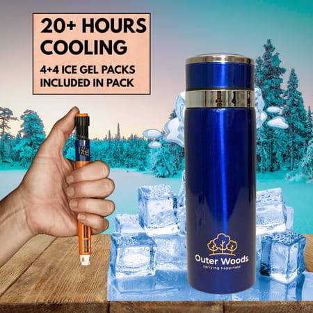 Outer Woods Insulin Cooler Bottle Case With 8 Mini Ice Gel Packs | 20+ Hrs Cooling | Medium - Blue