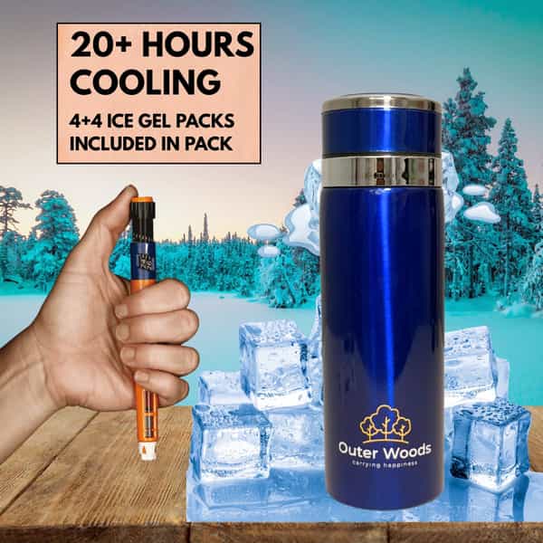 Outer Woods Insulin Cooler Bottle Case With 8 Mini Ice Gel Packs | 20+ Hrs Cooling | Medium - Blue