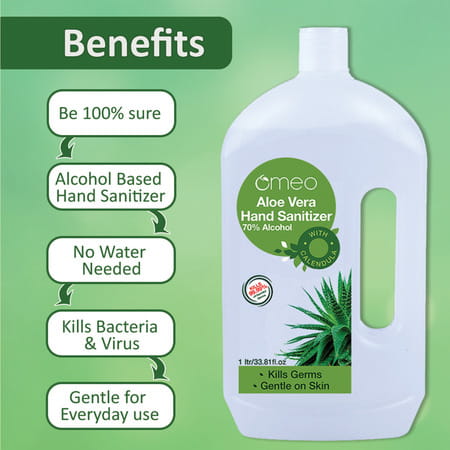 Omeo Aloe Vera Hand Instant Sanitizer Gel - Refill Pack | 70% Alcohol - 1 Litre