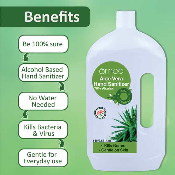 Omeo Aloe Vera Hand Instant Sanitizer Gel - Refill Pack | 70% Alcohol - 1 Litre