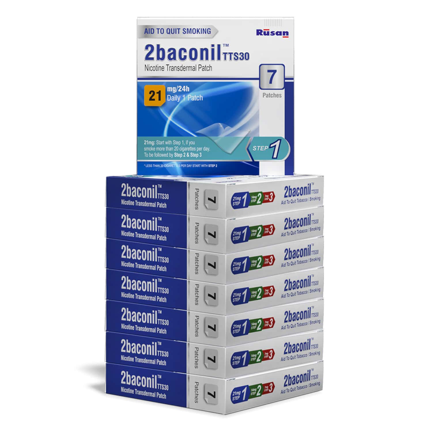 Rusan 2baconil 21mg | 2 Months Therapy Plan | Box | 7 Nicotine Transdermal Patch | Pack Of 8