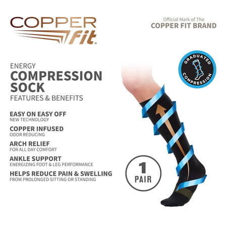 Copper Fit Energy Compression Socks Unisex Copper Infused Black L/Xl 2 Count