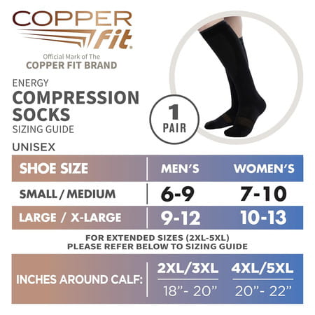 Copper Fit Energy Compression Socks Unisex Copper Infused Black L/Xl 2 Count