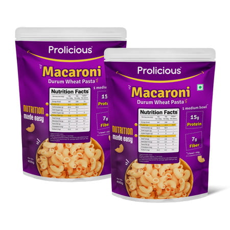 Prolicious Durum Wheat Macaroni Pasta | High Protein & Fiber | No Maida (Pack Of 2, 400g Each)