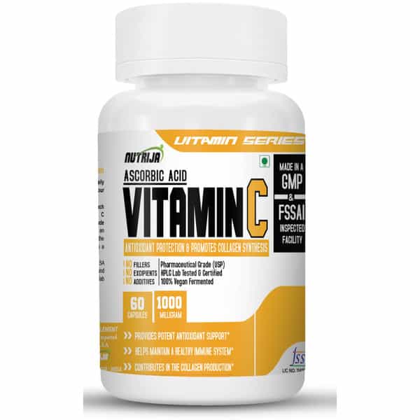 Nutrija Vitamin C/Ascorbic Acid - 1000 | For Immunity And Increase Collagen - 120 Capsules