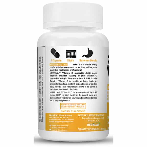 Nutrija Vitamin C/Ascorbic Acid - 1000 | For Immunity And Increase Collagen - 120 Capsules