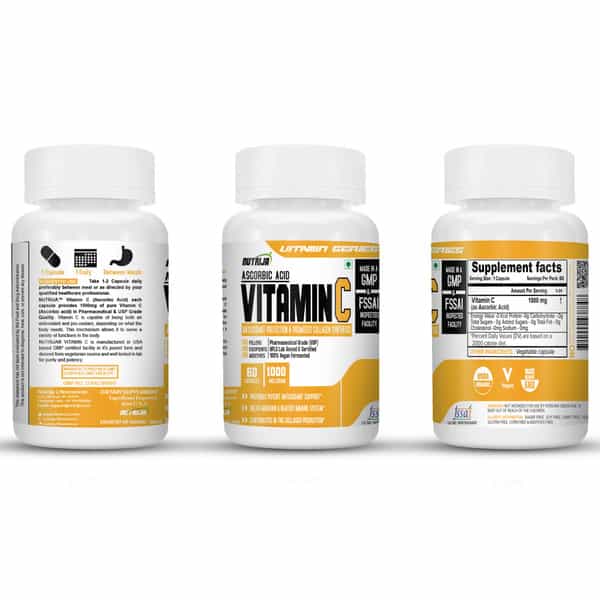Nutrija Vitamin C/Ascorbic Acid - 1000 | For Immunity And Increase Collagen - 120 Capsules