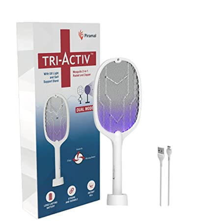 Tri-Activ Mosquito Racket 2-In-1 Dual Mode Rechargable Bat + Zapper 1200 Mah White