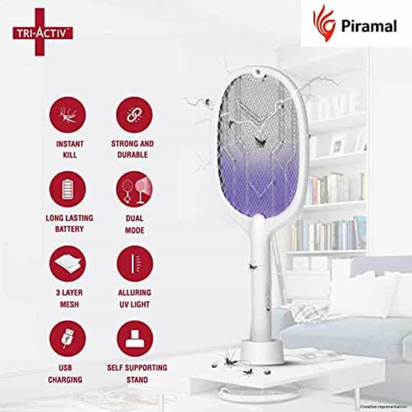 Tri-Activ Mosquito Racket 2-In-1 Dual Mode Rechargable Bat + Zapper 1200 Mah White