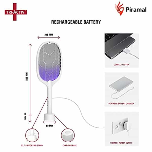 Tri-Activ Mosquito Racket 2-In-1 Dual Mode Rechargable Bat + Zapper 1200 Mah White