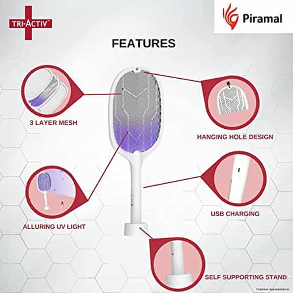 Tri-Activ Mosquito Racket 2-In-1 Dual Mode Rechargable Bat + Zapper 1200 Mah White