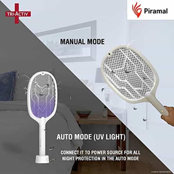 Tri-Activ Mosquito Racket 2-In-1 Dual Mode Rechargable Bat + Zapper 1200 Mah White