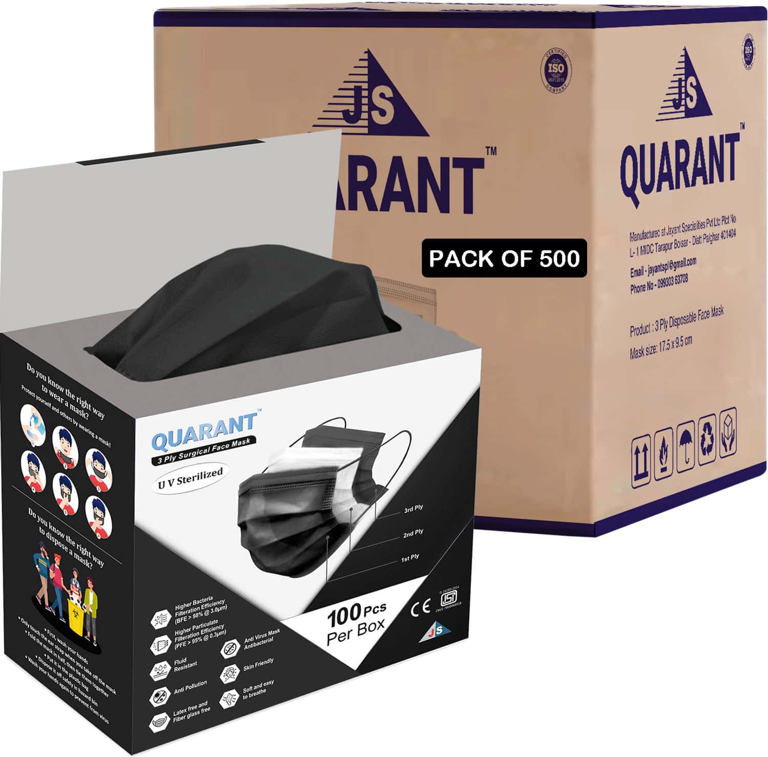 Quarant 3 Ply Black Surgical Face Mask With Adjustable Nose Pin Uv Sterilized - Pack Of 500