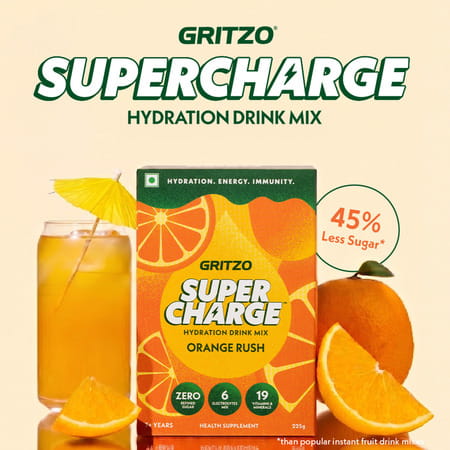 Gritzo Supercharge Hydration Drink Mix (7+Years) Orange Rush| 15 Sachets (15G Each)