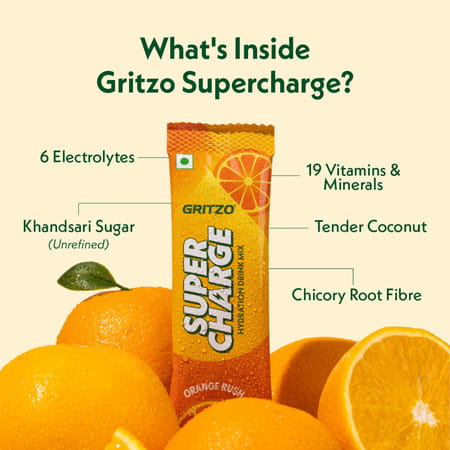 Gritzo Supercharge Hydration Drink Mix (7+Years) Orange Rush| 15 Sachets (15G Each)