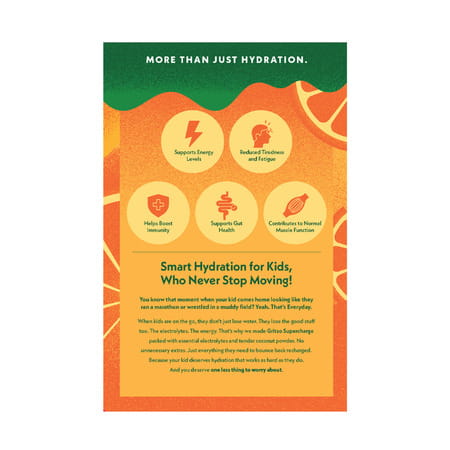 Gritzo Supercharge Hydration Drink Mix (7+Years) Orange Rush| 15 Sachets (15G Each)