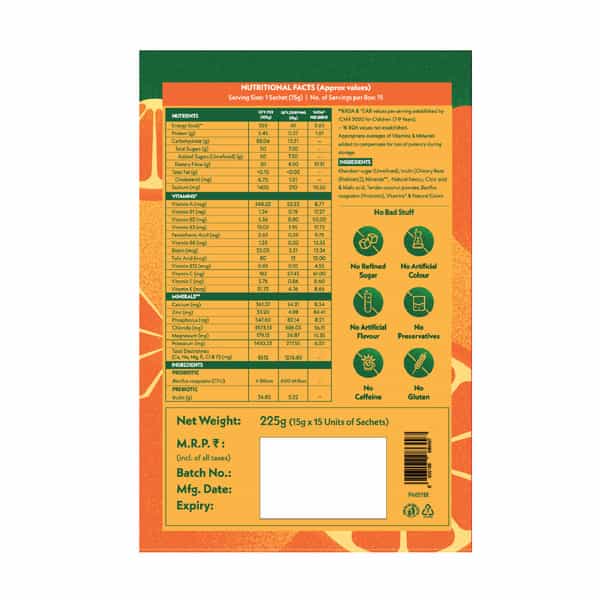Gritzo Supercharge Hydration Drink Mix (7+Years) Orange Rush| 15 Sachets (15G Each)