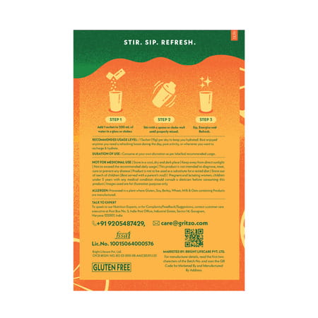 Gritzo Supercharge Hydration Drink Mix (7+Years) Orange Rush| 15 Sachets (15G Each)