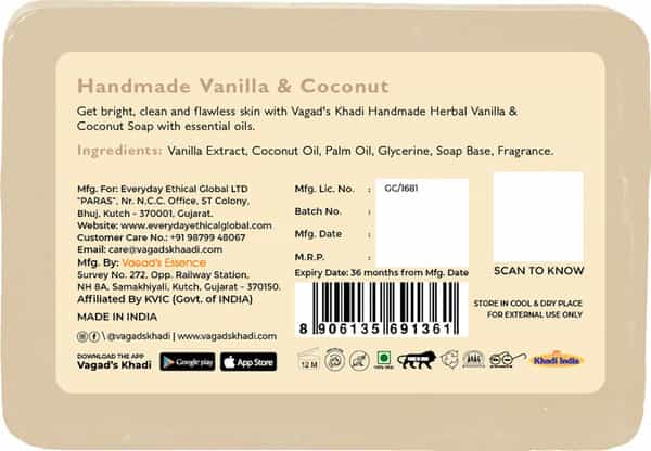 Vagad's Khadi Vanilla & Coconut Soap 125Gm | Replenishes Dry & Dull Skin Pack Of 3