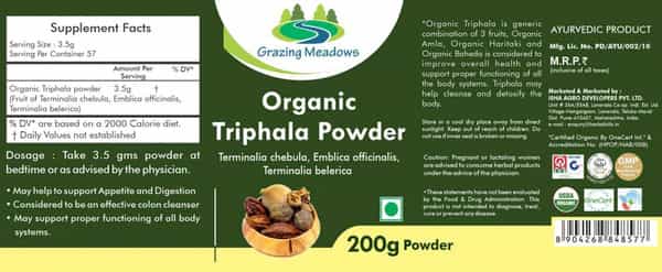 Grazing Meadows Organic Triphala Powder/Amla : Bibhitaki : Haritaki / 200Gms (Pack Of 4)
