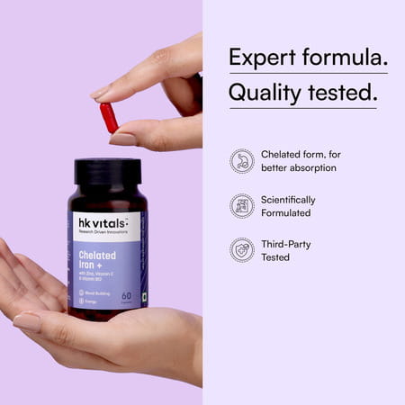 Hk Vitals Chelated Iron + Supplement (60 Capsules) | With Zinc | Vitamin C & Vitamin B12