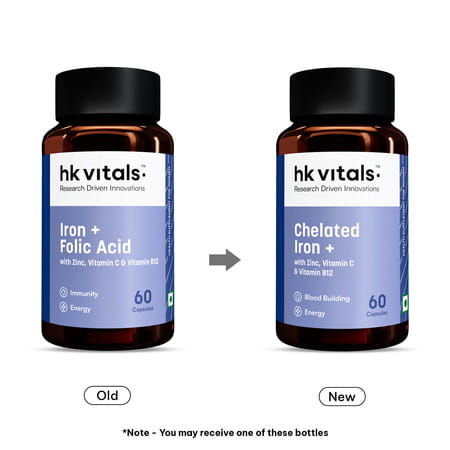 Hk Vitals Chelated Iron + Supplement (60 Capsules) | With Zinc | Vitamin C & Vitamin B12