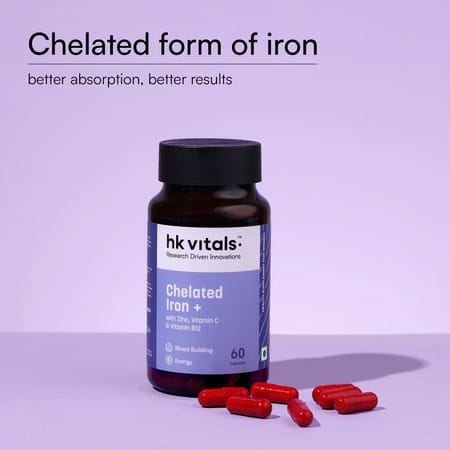 Hk Vitals Chelated Iron + Supplement (60 Capsules) | With Zinc | Vitamin C & Vitamin B12
