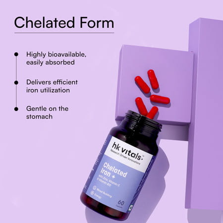 Hk Vitals Chelated Iron + Supplement (60 Capsules) | With Zinc | Vitamin C & Vitamin B12