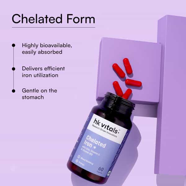 Hk Vitals Chelated Iron + Supplement (60 Capsules) | With Zinc | Vitamin C & Vitamin B12