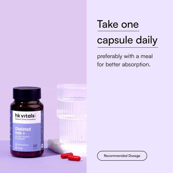Hk Vitals Chelated Iron + Supplement (60 Capsules) | With Zinc | Vitamin C & Vitamin B12