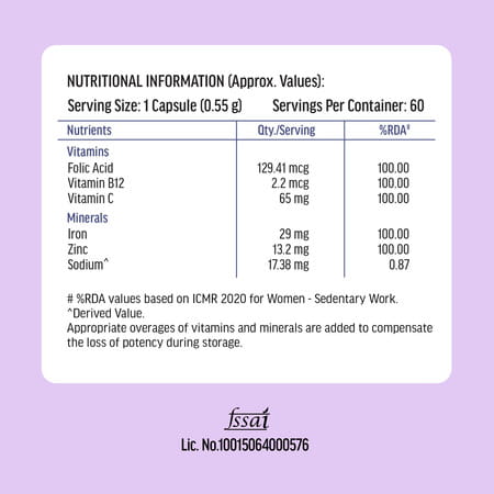 Hk Vitals Chelated Iron + Supplement (60 Capsules) | With Zinc | Vitamin C & Vitamin B12